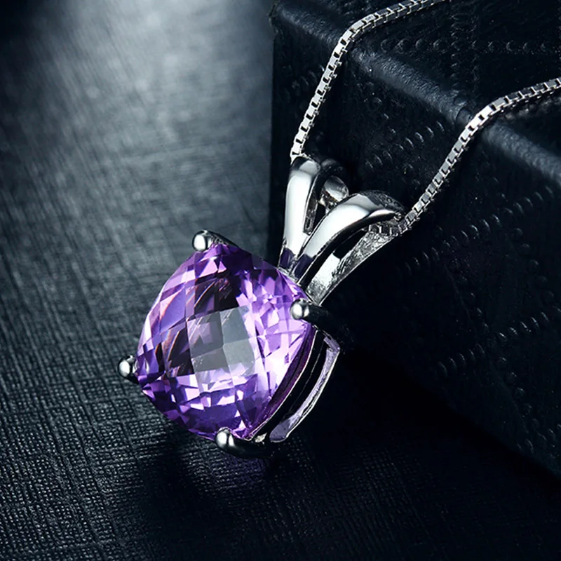 

925 Sterling Silver Jewelry High Quality Square Austrian Purple Crystal Pendants Necklaces For Women