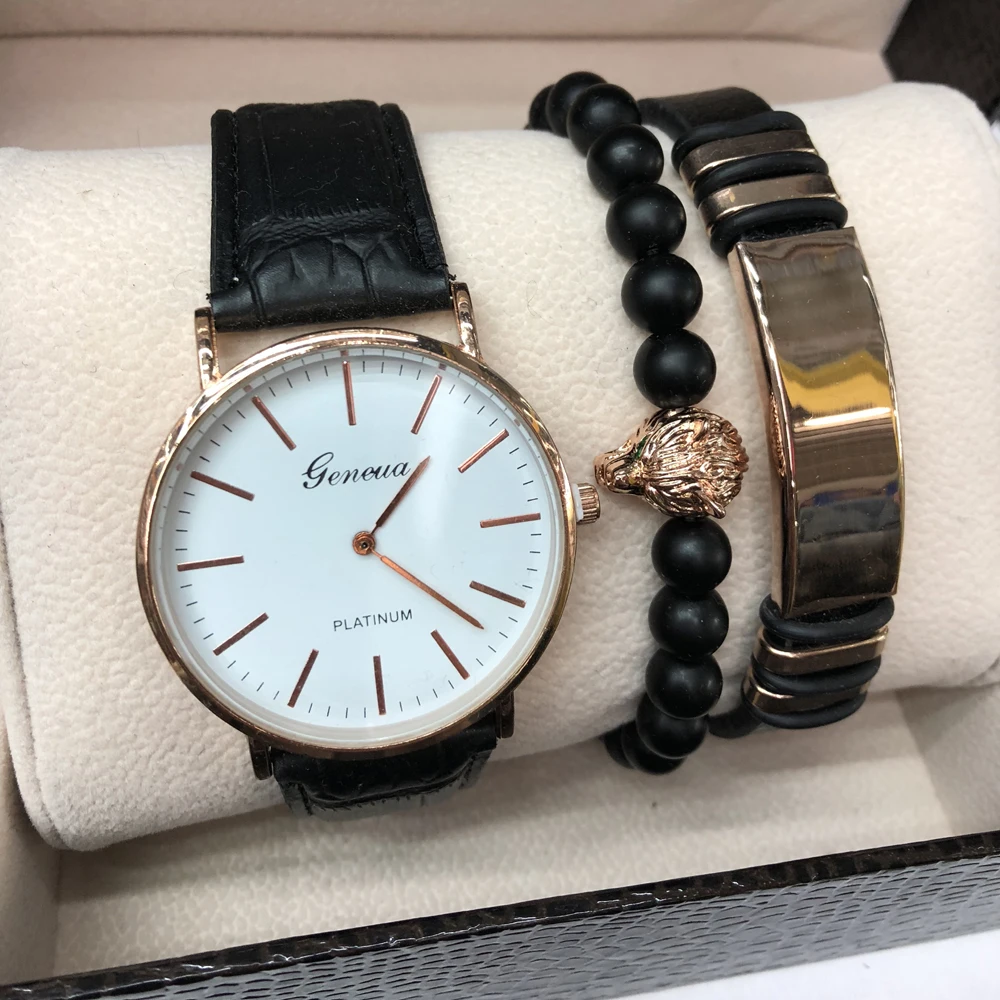 

New Fashion Quartz Watch Men Watches Sets Top Brand Business Mens WristWatch Beaded and leather Bracelet 3 Pcs Relogio Masculino