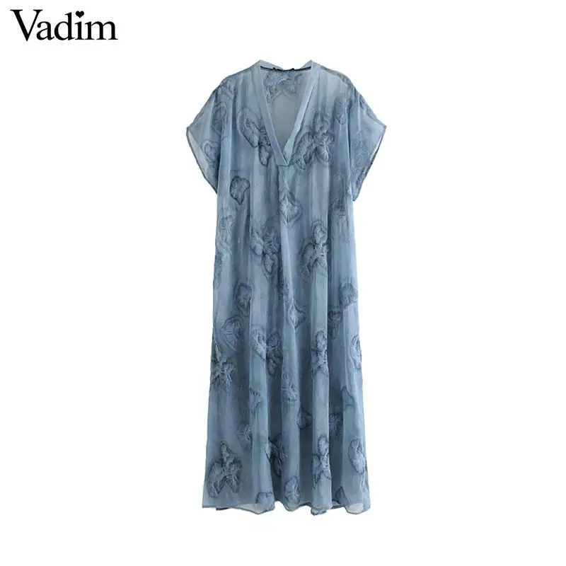 

Vadim women embroidery midi dress V neck vintage split casual straight see through mid calf dresses vestidos QB568
