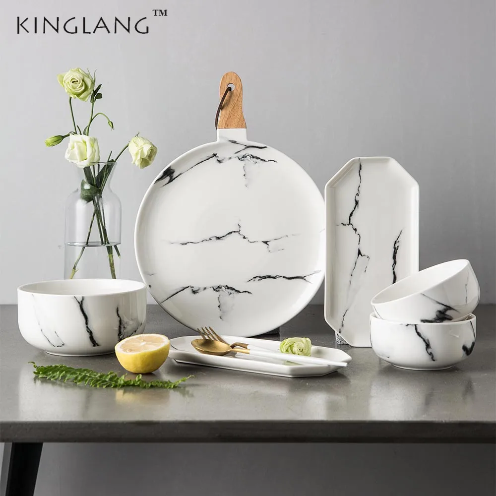 

KINGLANG Ceramic Marble Rice Bowl Dinner Plate Tableware 2 -Person Use