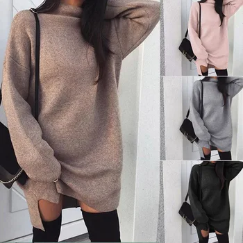 

Women Autumn Long Sleeve Knitted Dresses Turtleneck Plus Size Loose Dress