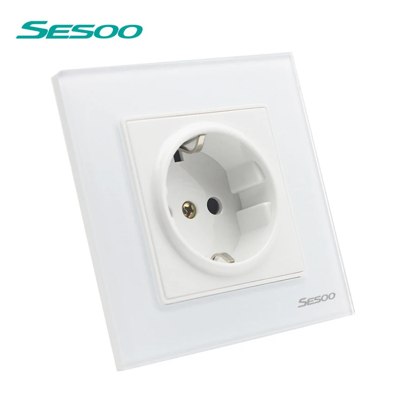 EU Standard Wall Sockets Crystal Glass Panel Plug Grounded 16A, 110V