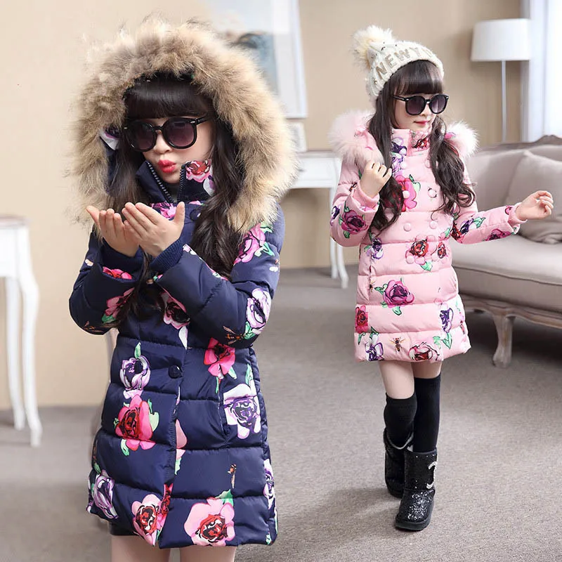 Новинка, Fsahion, зимнее длинное сухое пальто для девочек, детская одежда средней длины с цветочным рисунком хлопковая стеганая куртка с меховым капюшоном