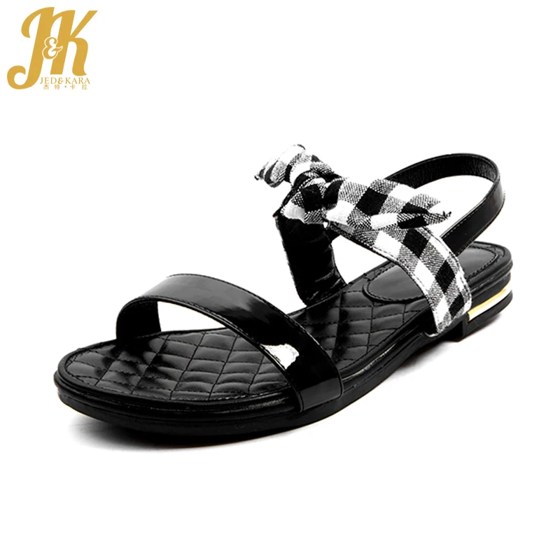 

JK 2018 New Summer Fashion Casual Sandals Women Open Toe Genuine Leather Plaid Cloth Platform Footwear Thick Heels Girl Shoes