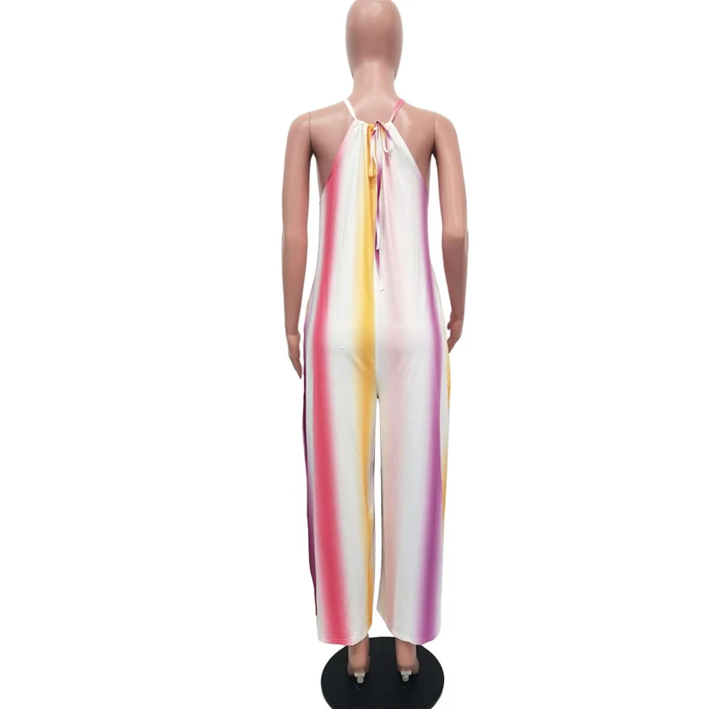 Summer new hot sexy jumpsuit sleeveless halter hanging neck striped print wide-leg jumpsuit Summer new hot sexy jumpsuit sleeveless halter hanging neck striped print wide-leg jumpsuit