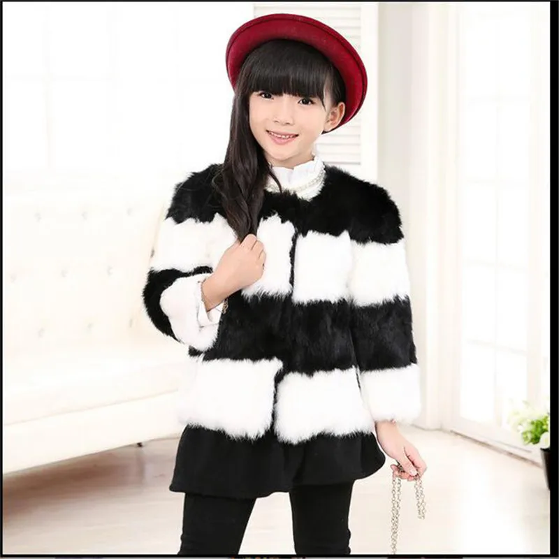

2017 Fashion Real Children Rabbit Fur Coat Girls Winter Warm Short Black White Stripes Coat Full Kids Outerwear Cothing C#11