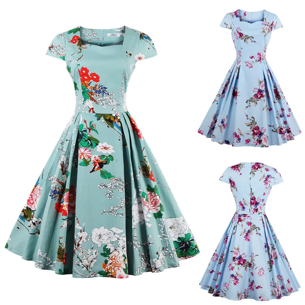 

2019 Casual Summer Elegant Mid-Calf Fashion Women Plus Size Short Sleeve Floral Print Party Vintage Swing Dress 50