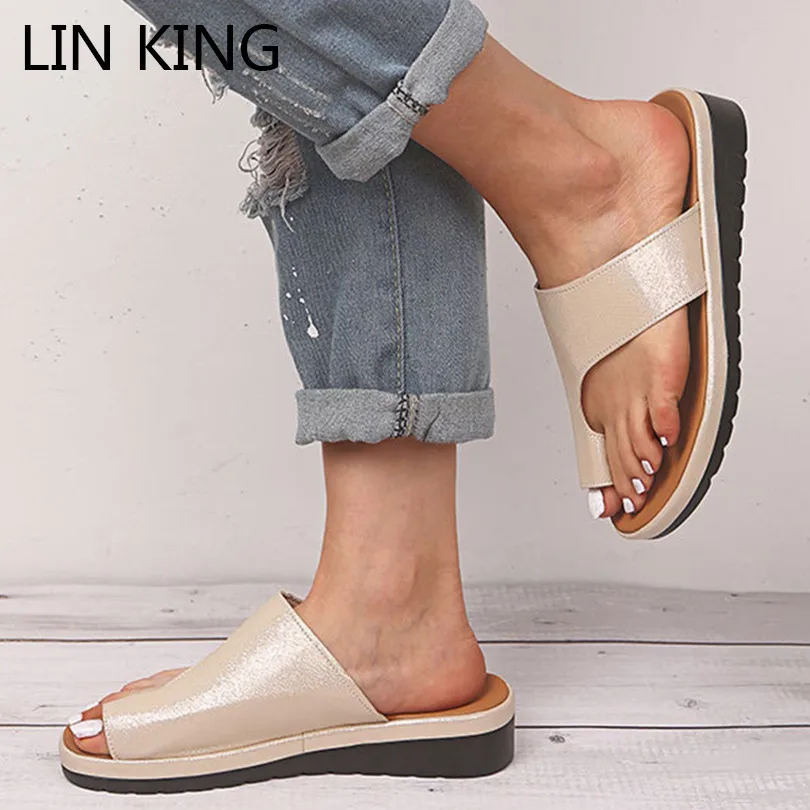 

LIN KING Plus Size Pu Leather Sandals For Women Plus Size Outdoor Casual Sandals Solid Girls Slides Orthopedic Bunion Corrector