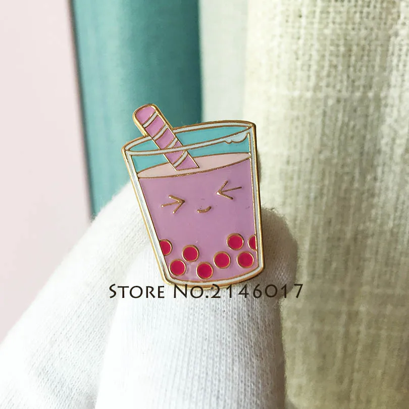 

50pcs Custom Badge Strawberry Bubble Tea Cu-Tea Soft Enamel Lapel Pin Boba Milk Tea Pin Brooch Cute Kawaii Food Drink Pink Smile
