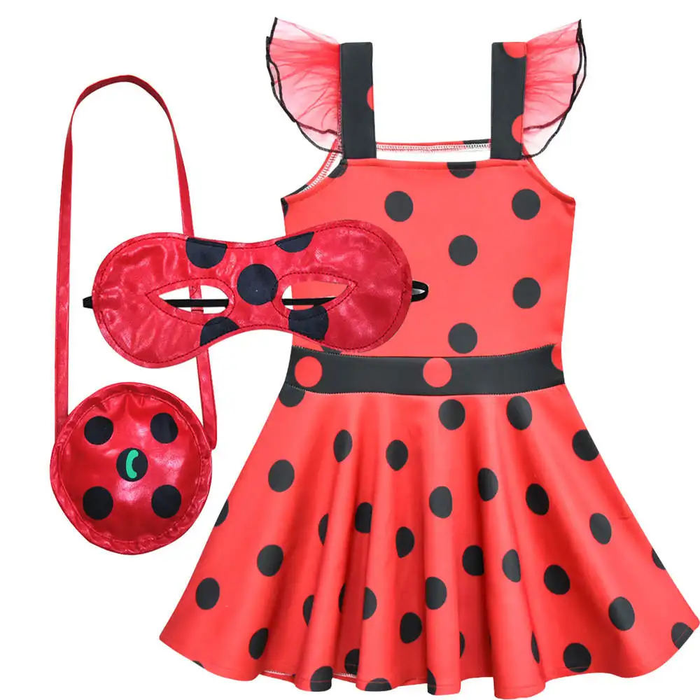 

Ladybug Mask+Bag+Dress Red Dot Print Summer Costume Lady Bug Kids Girls Clothes Halloween Cosplay Dress