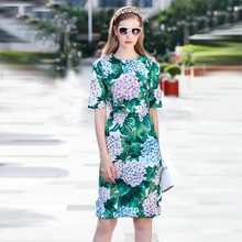

2017 High Quality Summer Fashion Leaves Print Slim Dress European Pretty Short Sleeve O_neck Knee Length Cute Dress
