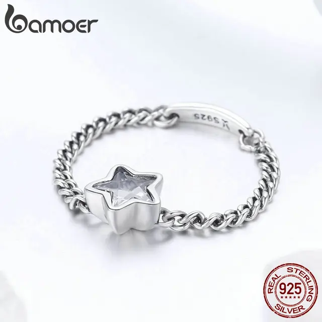 BAMOER Authentic 925 Sterling Silver Sparkling Star Finger Ring Link Chain Rings for Women Sterling Silver Jewelry anel SCR435