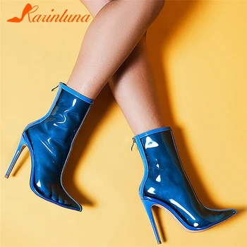 

KARINLUNA Hot Sale New Women PVC Ankle Boots Super High Heels Women Shoes Sexy Transparent Boots Pointed Toe Crystal Handmade