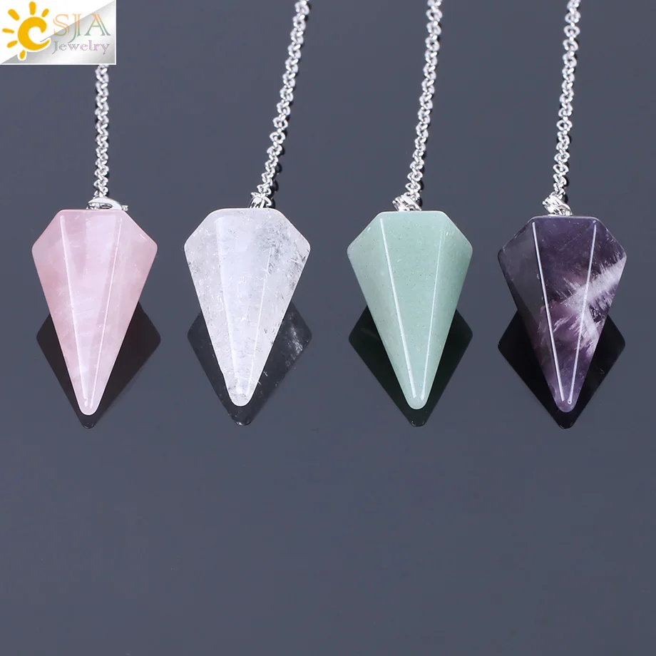 CSJA Healing Pendulum for Divination Pink Quartz Pendulums Biolocation Natural Gem Stone Chain Men Reiki Crystal Pendant E112