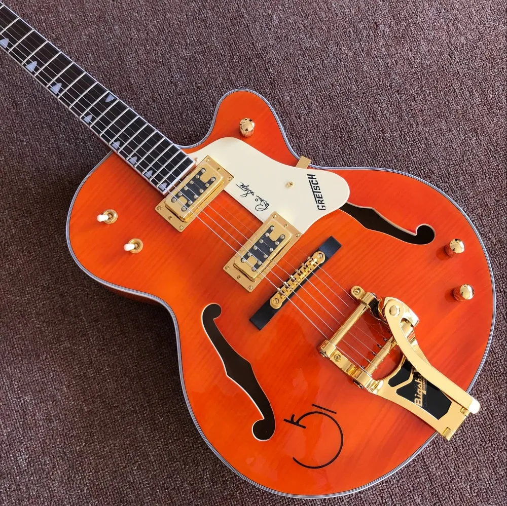

China Custom Jazz orange color F hollow body electric guitar,custom gitaar, guitarra,vibrato system