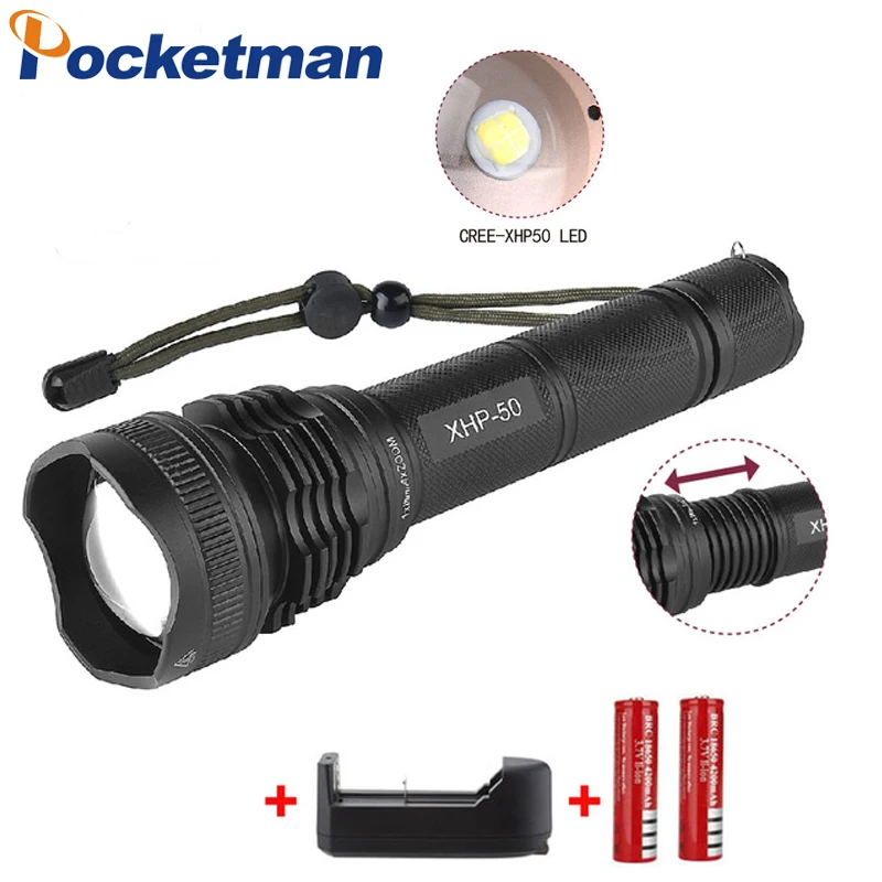 

High Power LED Flashlight XHP50 8800LM Waterproof Zoom Tactical Flashlight Torch for 2*18650 Battery Rechargeable Battery