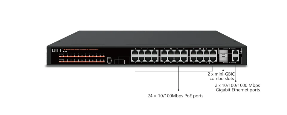 2 GB ports 24 PoE ports 260W UTT S1242P Unmanaged Ethernet PoE Switch