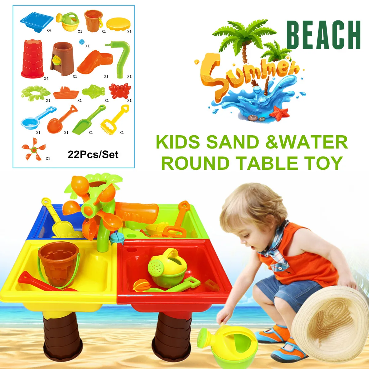 

22Pcs Sand & Water Table Box Kids Children Outdoor Activity Beach Toy Play Set ABS Four Separated Bright Color Water Play Table