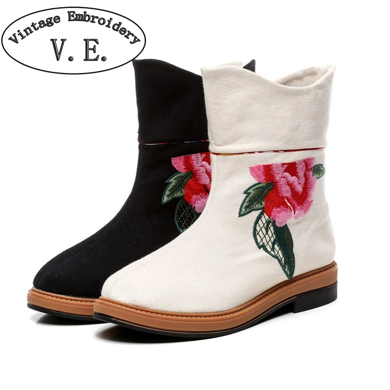 

Vintage Embroidery Womens Ankle Boots Old Beijing Spring Autumn Flat Single Boots Ethnic Embroidered Cloth Platform Shoes