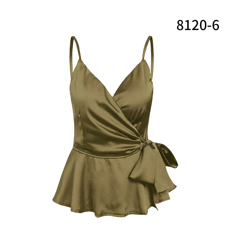 New Sexy V-neck Bowknot Ruffles Strap Shirts Satin Camis Women Tops and Blouses Elegant Ladies Vest Top Blusas Black Khaki Green - Цвет: 8120 Army Green