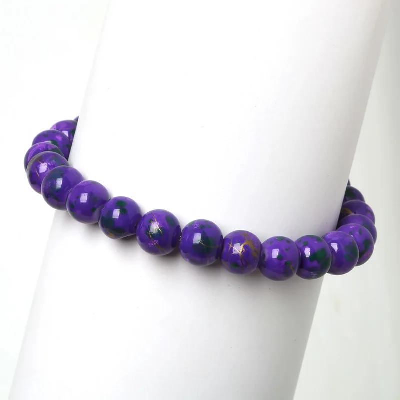 Новая мода высокое качество 8 мм стеклянный Шикарный разноцветный браслет с бусинами браслеты с разноцветными бусинами 19 см для женщин и мужчин - Окраска металла: Purple