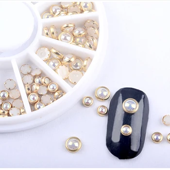 

1 Box Flat-base Pearle Metal Edge Nail Pearls Studs Charming 3D Nail Art Decoration in Wheel