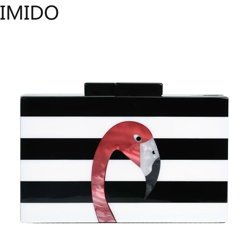 

Fashion Brand Purse Women Messenger Bags High-end Elegant Black and White Striped Acrylic Flamingo Pattern Evening Clutch Bag
