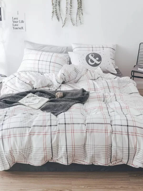 

Bedding Set Fresh white Geometric Plaid Stripe Print Duvet Cover Set Brief Style Bed Linen 100% cotton