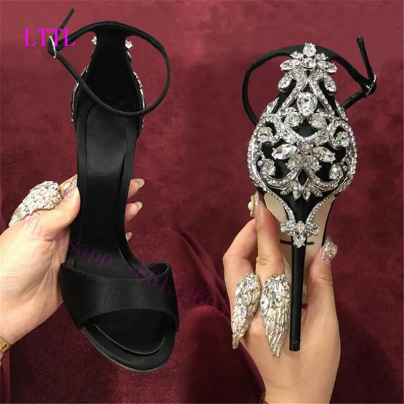 

Spring sandals Metal hollow out the new heel inlay diamond heels satin stiletto  for women's toe thin high heels shoes to gems