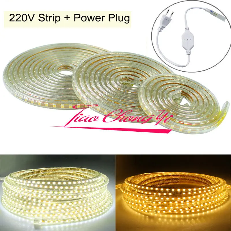 buy 2835 SMD 220V LED strip Flexible light 1M 10M +EU Power plug 120LED M waterproof