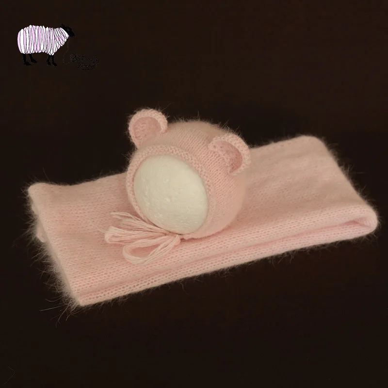 

Baby Boy Girl Photo Shoot Posing Wrap Blanket Props Newborn Photography Mohair Stretch Wrap Bear Hat Sets fotoshooting Accessory
