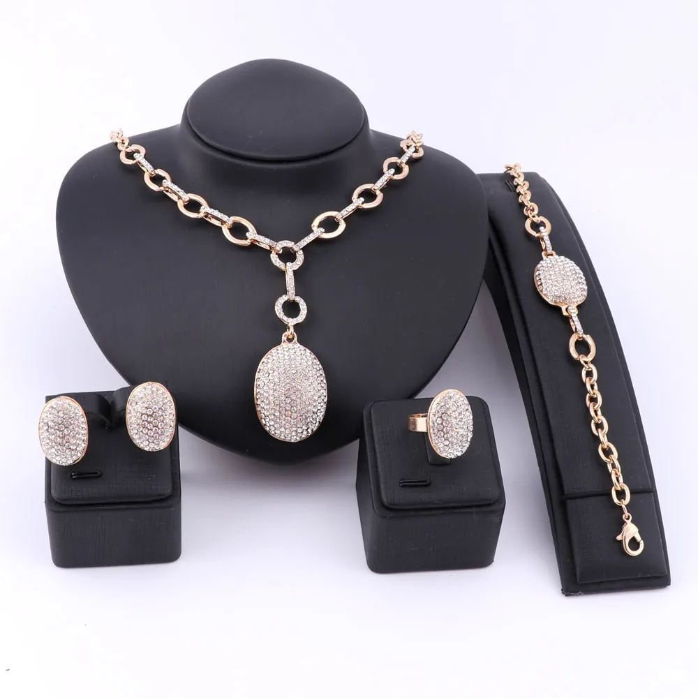 

Women Bridal Gift Nigerian Wedding African Beads Jewelry Set Fashion Dubai Gold Color Crystal Necklace Earring Jewelry Sets