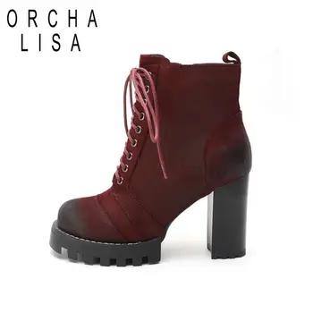 

ORCHA LISA Genuine cow leather suede boots women platform motorcycle ankle boots Zipper lace up riding botas winter boots bottes