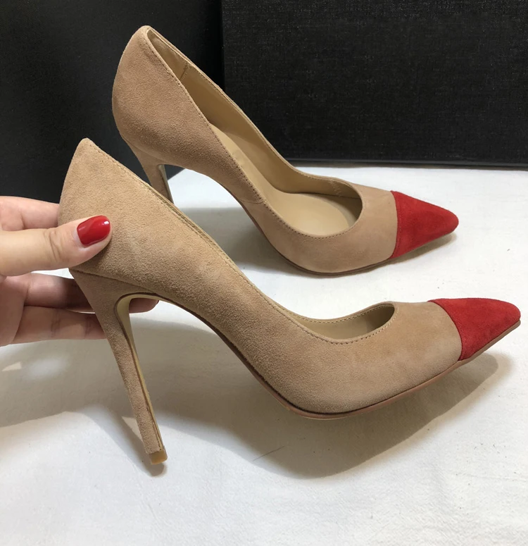 

New Arrival Pointed Toe Contrast Color Thin High Heel Shoes Nude Black Gray Suede Stiletto Heels Pumps Women Basic Dress Shoes