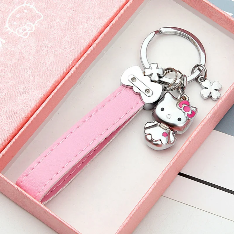 Fashion Cute Metal Hello Kitty Keychain Pink Leather Belt KT Key Rings
