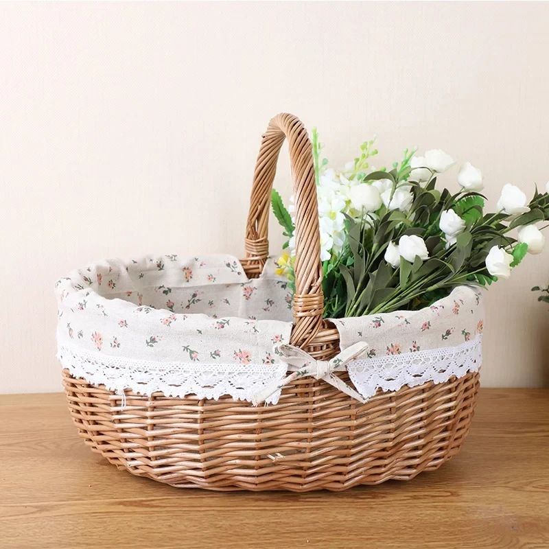 

Large Wicker Rattan Basket Camping Picnic Basket Handmade Shopping Basket Storage Hamper with Handle for Sundries Wooden Color