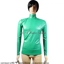 

Jade Green Sexy Latex Shirt With Zipper At Top of Back Long Sleeves High Neck Rubber Clothes YF-0089