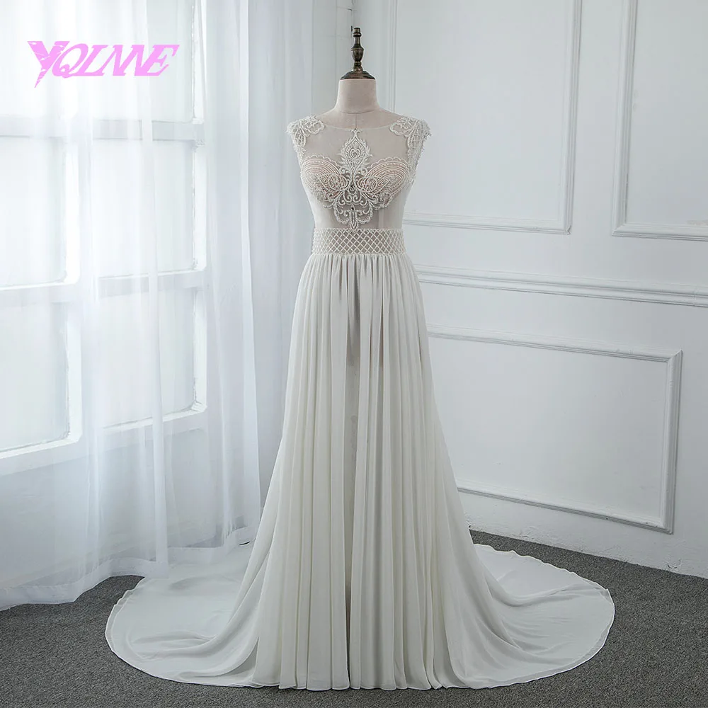 

YQLNNE 2018 Illusion Embroidered Wedding Dress Chiffon Beading Zipper Back Bridal Gown