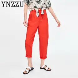 YNZZU корейский уличная женские брюки-карго Беговые брюки в повседневном стиле Красный Высокая талия шнурок свободные женские мотобрюки