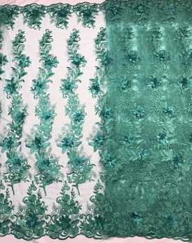 

French Bead Lace Fabric Green 2019 Latest African Mesh Tulle Lace Fabric 5Y Nigerian Guipure Lace Fabric High Quality