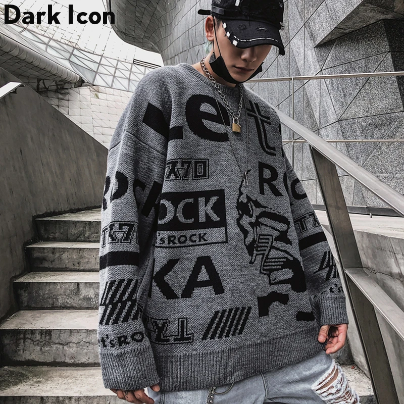 Dark Icon Letter Round Neck Hip Hop Sweater Men Autumn Winter Pullover Men’s Sweaters Loose Sweater Men