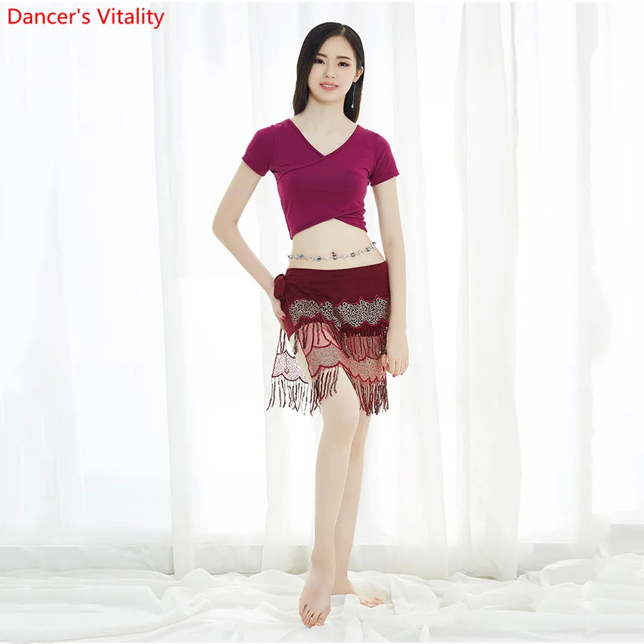 

New Women 2 Piece Belly Dance Costume Sexy Modal V Neck Top Dancer Clothing tassel short Skirt Free Shipping