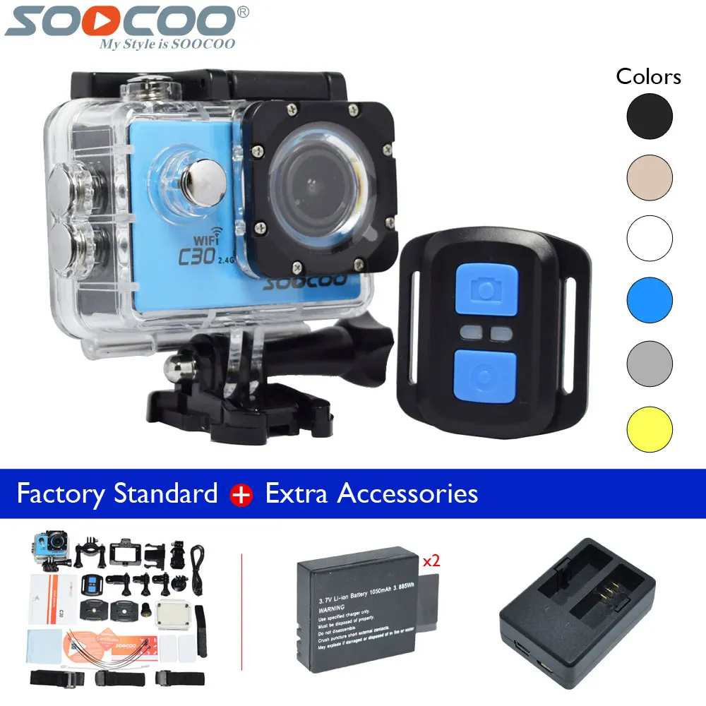 

SOOCOO C30R 4K WiFi Sports Action Camera Gyro with Remote Controller Waterproof Mini Sport DV+2Pcs Extra Battery+Dual Charger