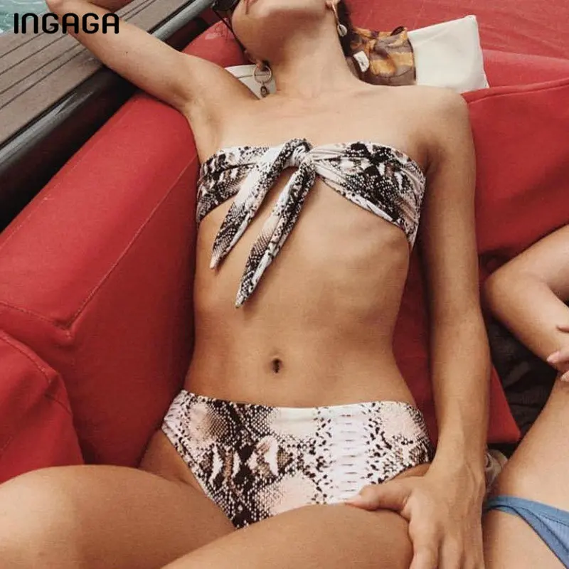 

INGAGA Snake Print Swimsuit Female 2019 Bandeau Bikini Women Swimsuit Knotted Bathing Suit Women New Sexy Brazilian Biquini