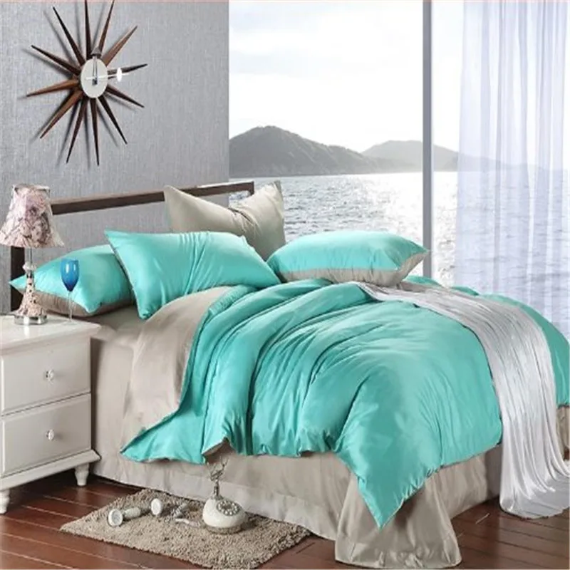Fadfay Silk Turquoise Grey Solid Color Bedding Duvet Cover Bedding Set