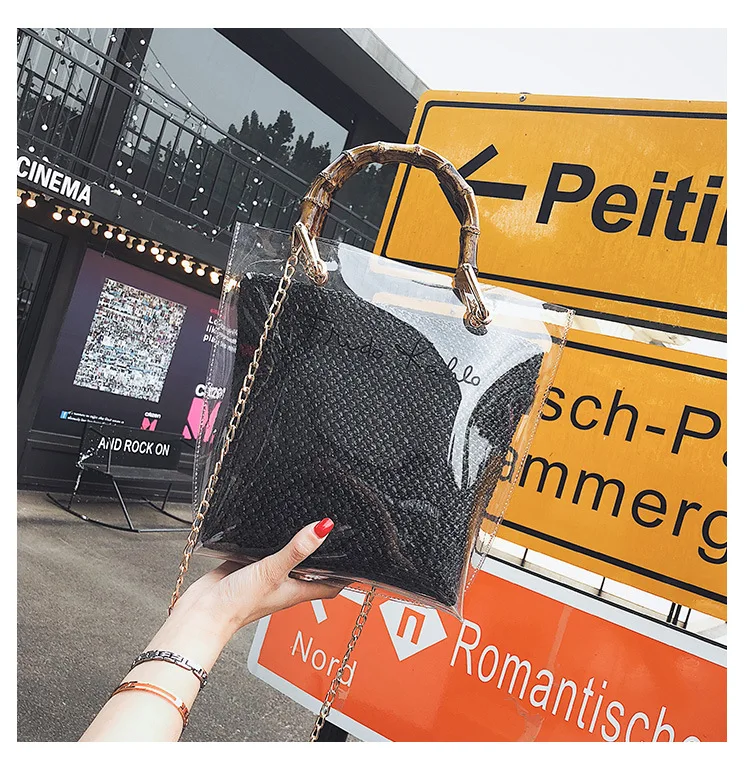 

Summer New Transparent Jelly Handbag Fashion Girl High-capacity Chain Shoulder Messenger Bag High Quality Straw Bag 2 Sets
