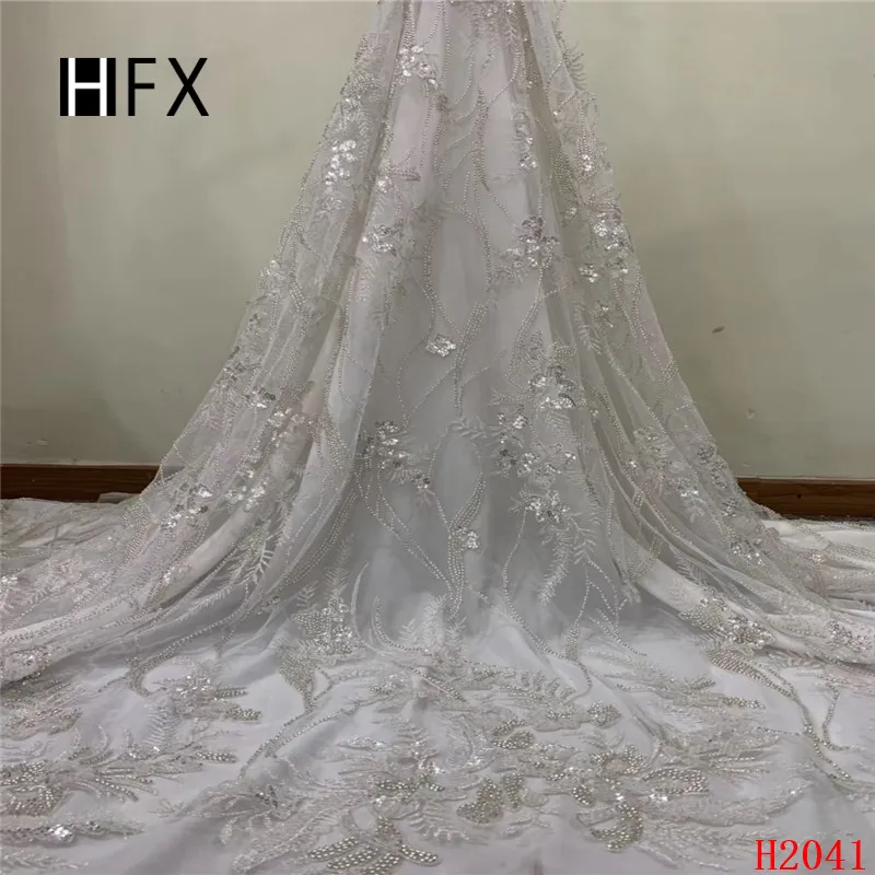 

HFX White Lace Fabric 2019 Nigeria Embroidered Handmade Beaded Tulle Lace High Quality French Net Lace Fabric with Sequins X2041
