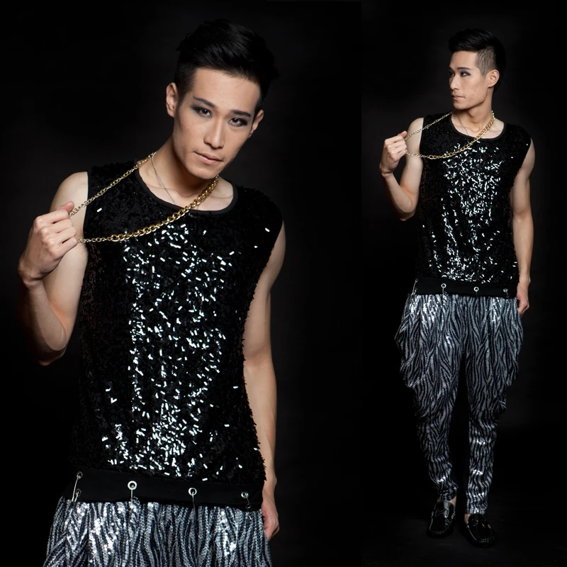 

2015 Male Paillette Slim Vest Personality men's stage costumes