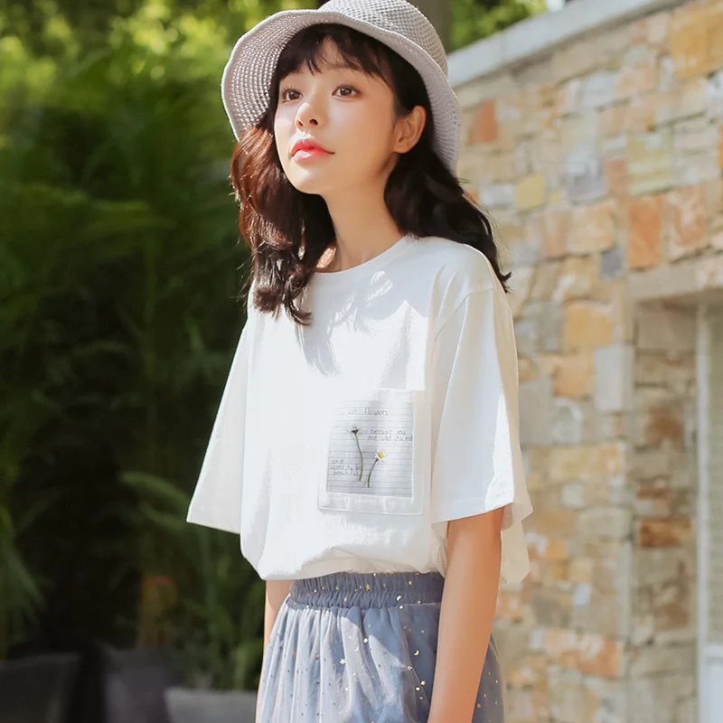 

ANTWANT Harajuku Flower Pocket Print Casual Solid White Cotton Women T-Shirt Summer Short Sleeves O-Neck t shirts For ladies