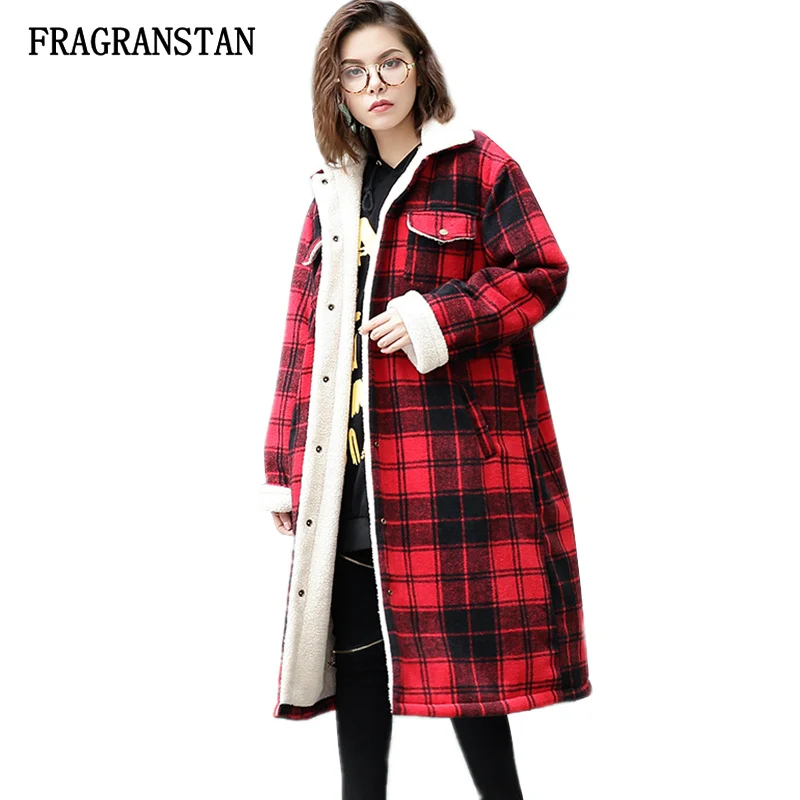 

2017 Autumn Winter Thicken Keep Warm Lambswool Ladies Casual Woolen Coat Vintage Fashion Red Lattice Female Loose Vestidos JQ212